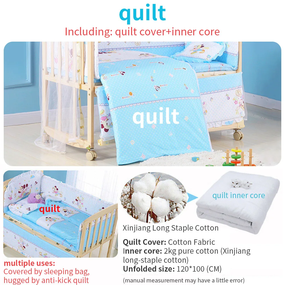 5pcs Baby Bedding Cartoon Animal Newborns Crib Bed Bumper Infant Cotton Washable Bedding Bed Circumference Mattress Pillow Set