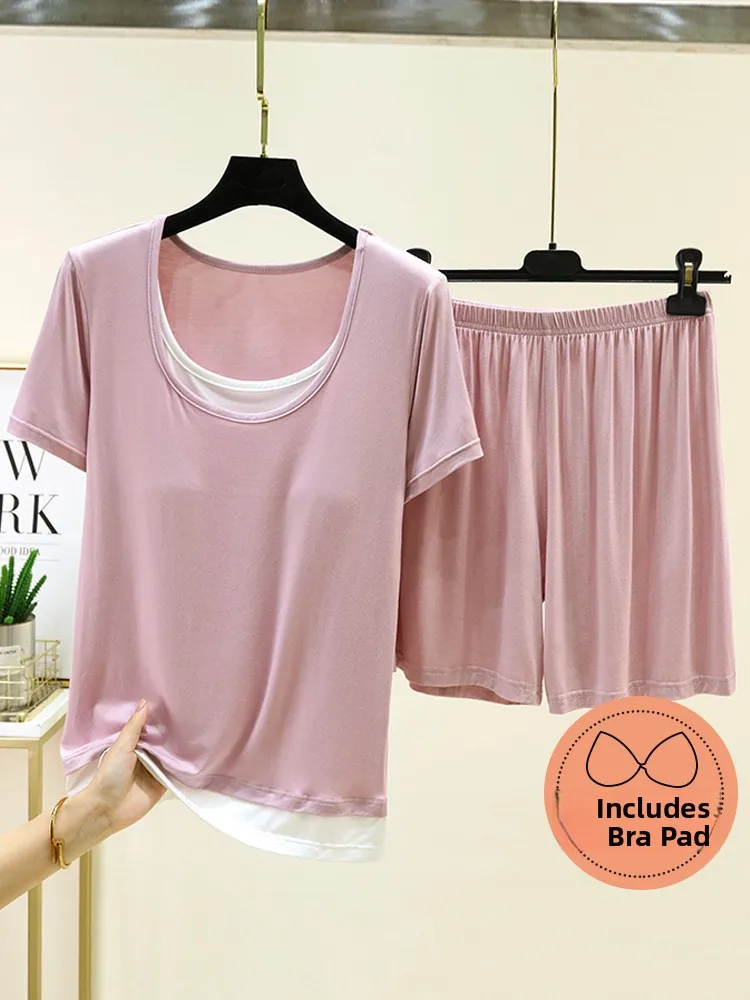 Summer Thin Modal T-Shirt Shorts Set Women's Home Clothes Short Sleeve Large Size Slimming Sleepwear Anti-Vacuum Design