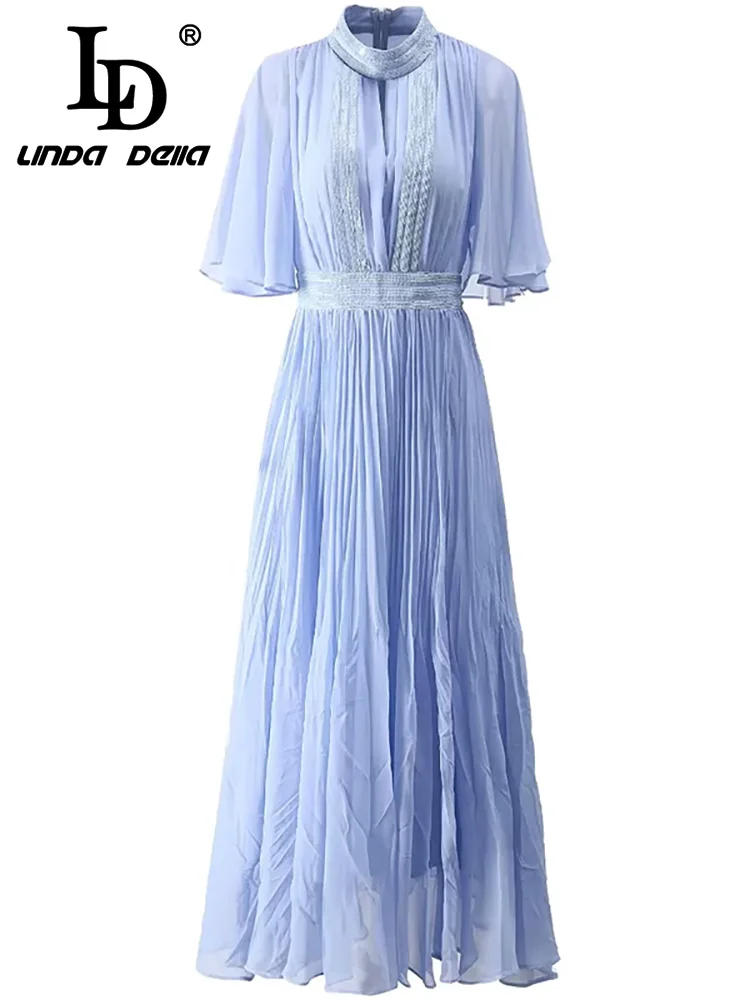 LD LINDA DELLA Fashion Designer Summer Dress Women\'s Vintage Solid Color Sequins Draped Chiffon Flutter Temperament Dresses