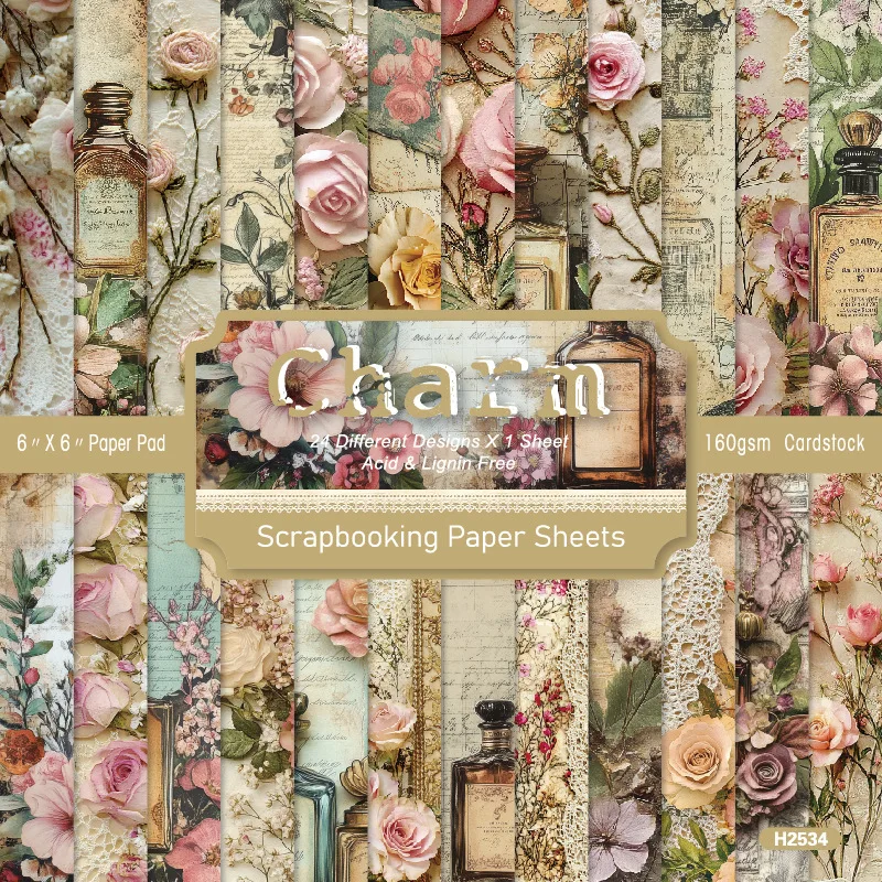 Retro Old Script Flower Glass Bottle Pattern Scrapbook Paper Pad DIY Decoupage Junk Journal Cardmaking Album Collage Planner