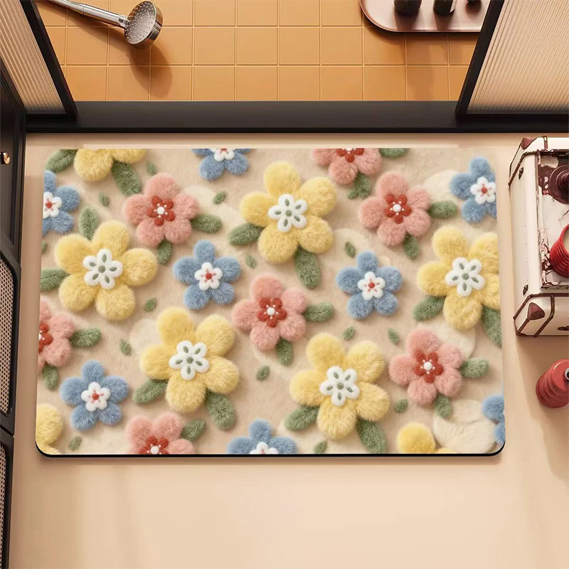 3D Small Fresh Flower Home Entry Carpet Coffee Table Rug Diatom Mud Carpet Living Room Anti-slip Floor Mat Bathroom Foot Pad