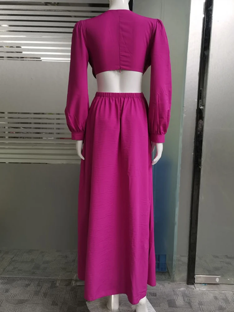 Drauuing Cut Out Maxi Dresses Women Loose Hem Long Sleeve Party Dresses Female Side Hollow Out V Neck Sexy Long Dresses Solid