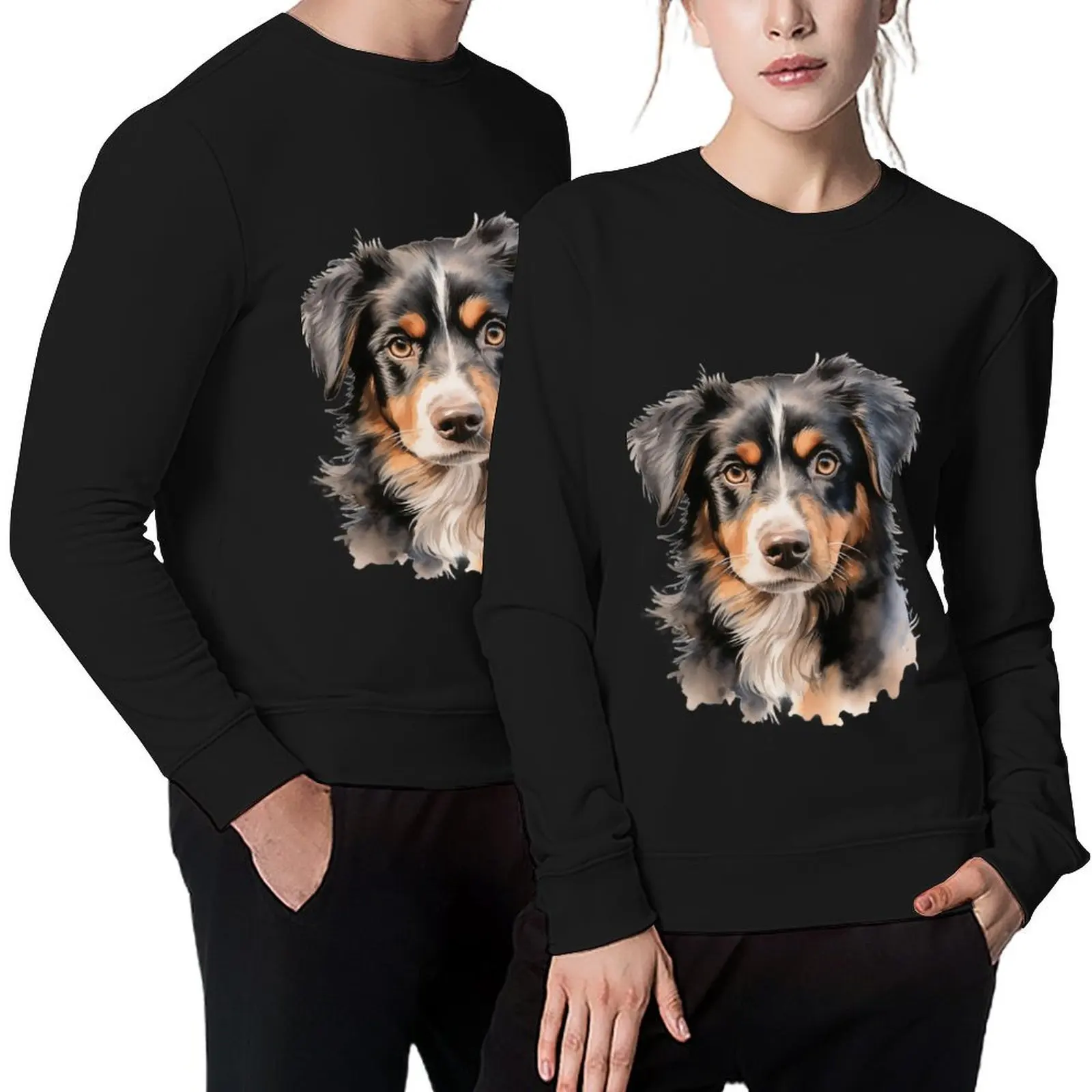 

Black Tri Mini Australian Shepherd Watercolor Portrait Pullover clothes for men autumn men sweatshirt