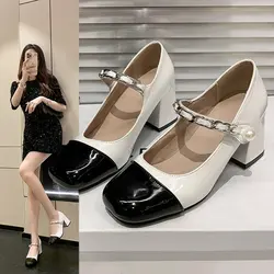 2024 New Single Women's High Heels Round Head Vintage Mary Jane Chunky Heel Hepburn Pearl Shoes