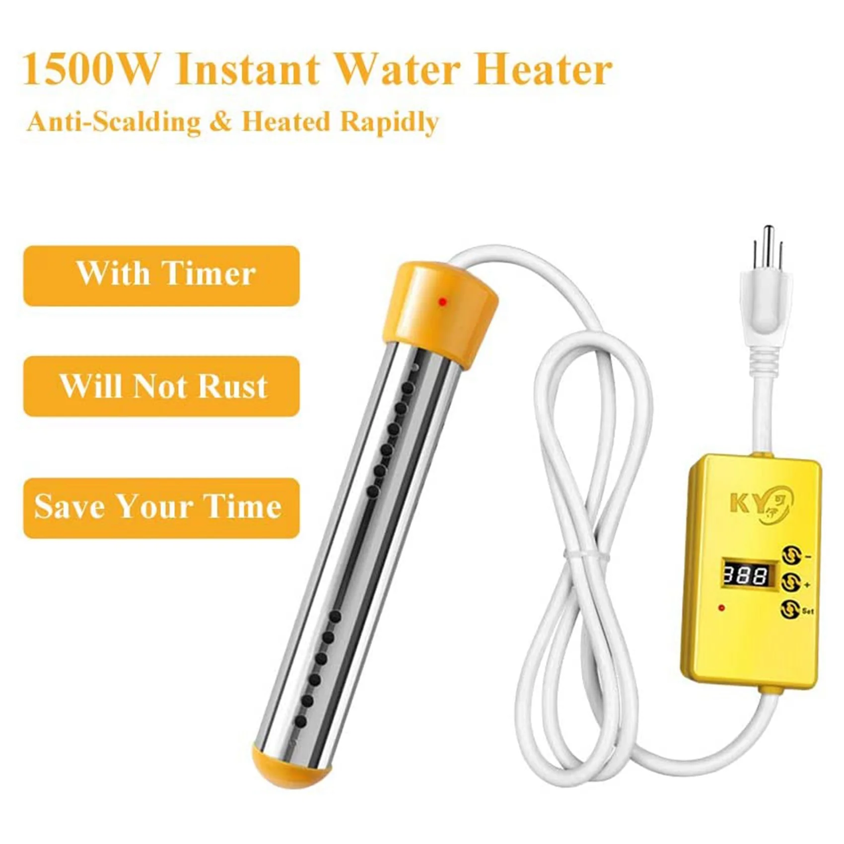 2500W Electric Heater Boiler Water Heating Elements Portable Immersion Suspension Bathroom Swimming Pool EU Plug Yellow