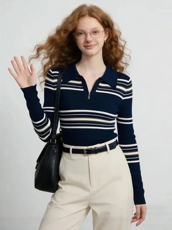 

ZhuoZhi Vintage Striped Half Zip Knitted Sweater Slim Fit Color Block Spring New Style French Style Soft Long Sleeve Top