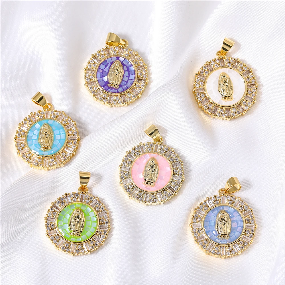 Juya Handmade 18K Real Gold Plated Christian Cross Religious Jewelry Supplies Cz Opal Shell Saint Mary Virgin Charms Supplies