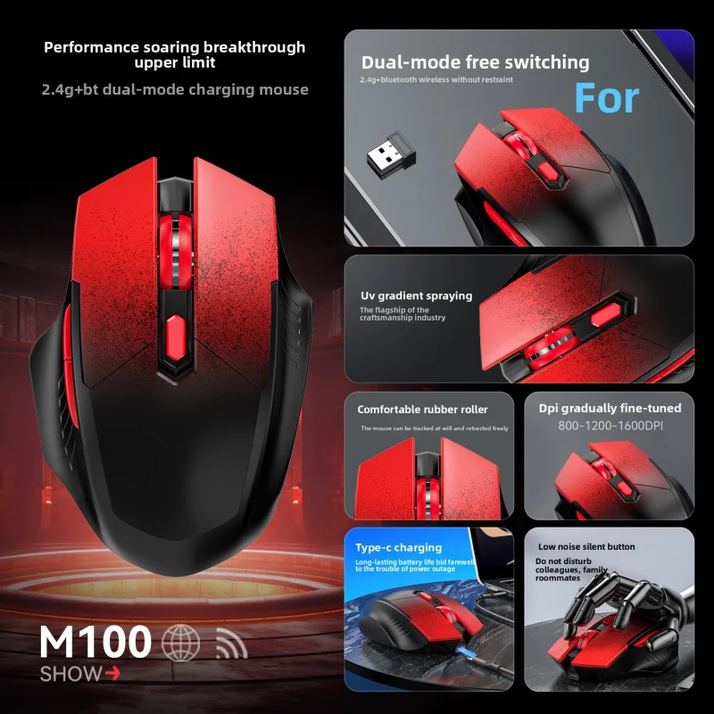 USB-C Wireless Mouse Gradient Color Silent Office Gaming Dual Mode Rechargeable Bluetooth