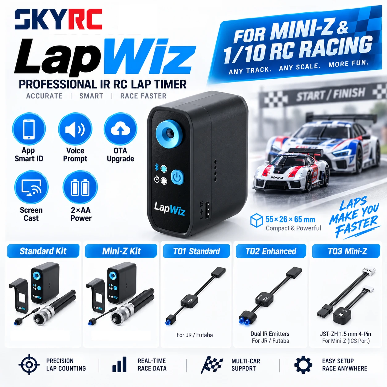 SkyRC LapWiz Professional IR RC Lap Counter Timer Multi-Car ID Management Screen Cast Voice Prompt for Mini-Z 1/10 RC Racing Car