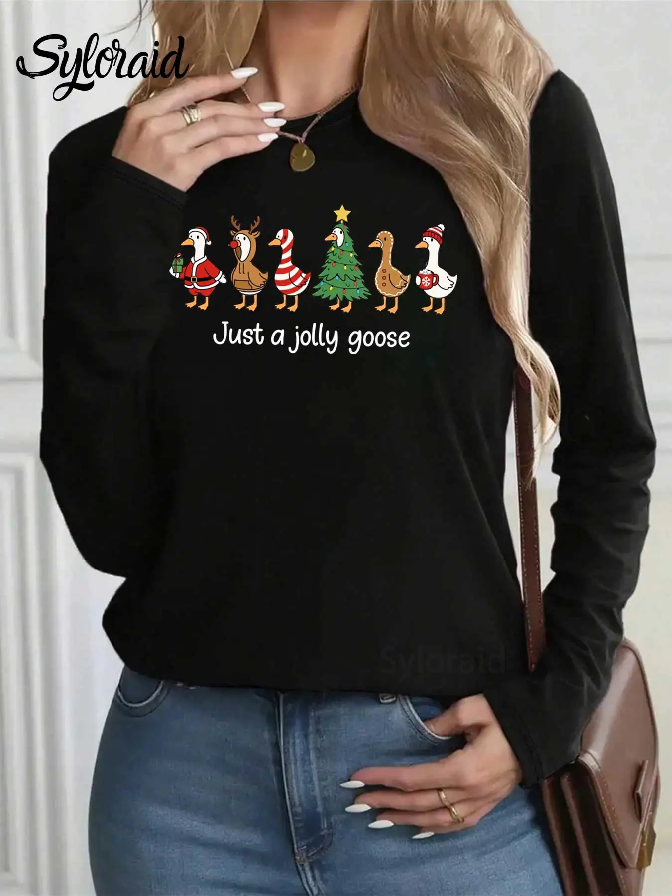 تي شيرت نسائي بأكمام طويلة مجرد جولي جوز جرافيك تي شيرت مضحك لعيد الميلاد قميص أوزة أنيق برقبة دائرية كاجوال #2