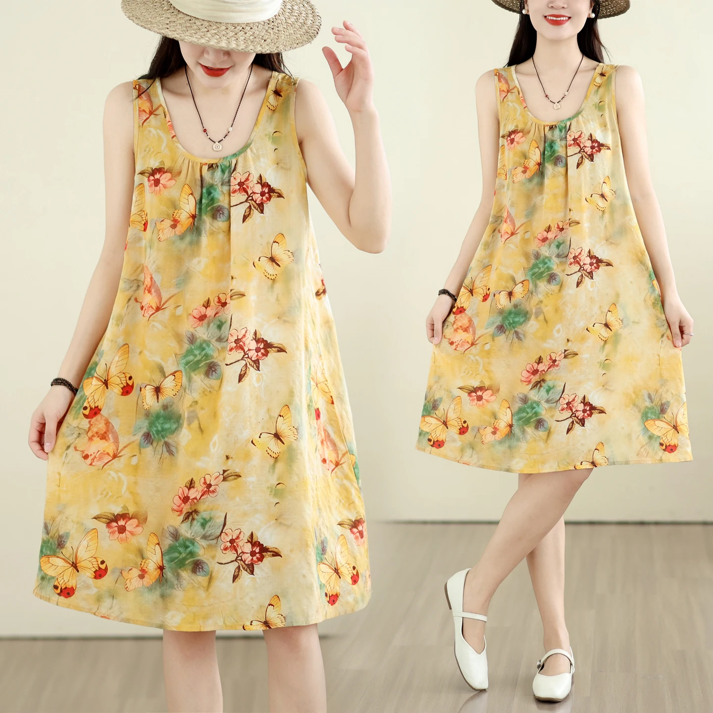 

Summer Loose Cotton Linen Print Maxi Dress Women's plus Size A-Line Skirt Sleeveless round Neck Artistic Style Citywalk Dress