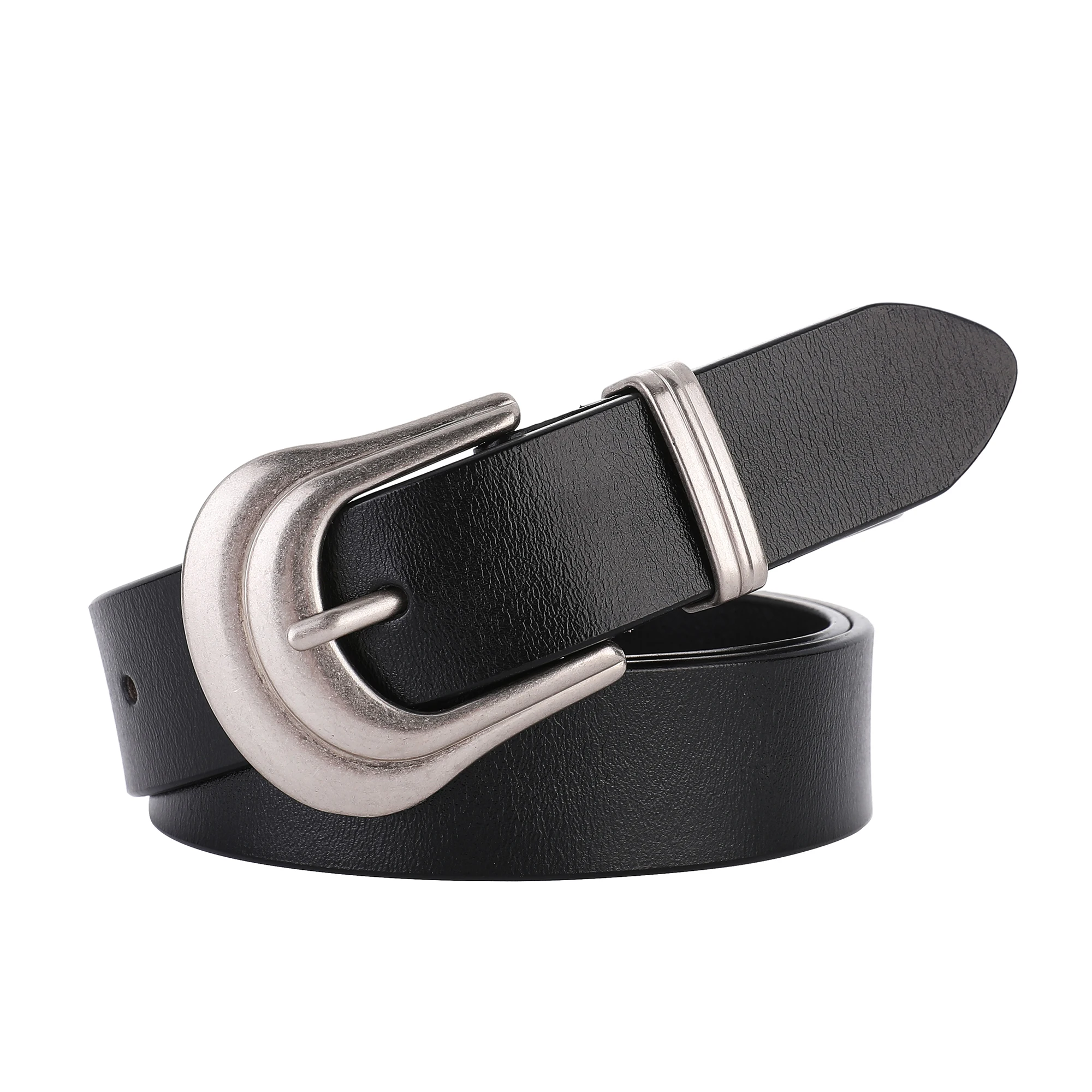 Women's Western Belt Vintage Black Genuine Leather Waist Belt for Pants Jeans with Gold Buckle