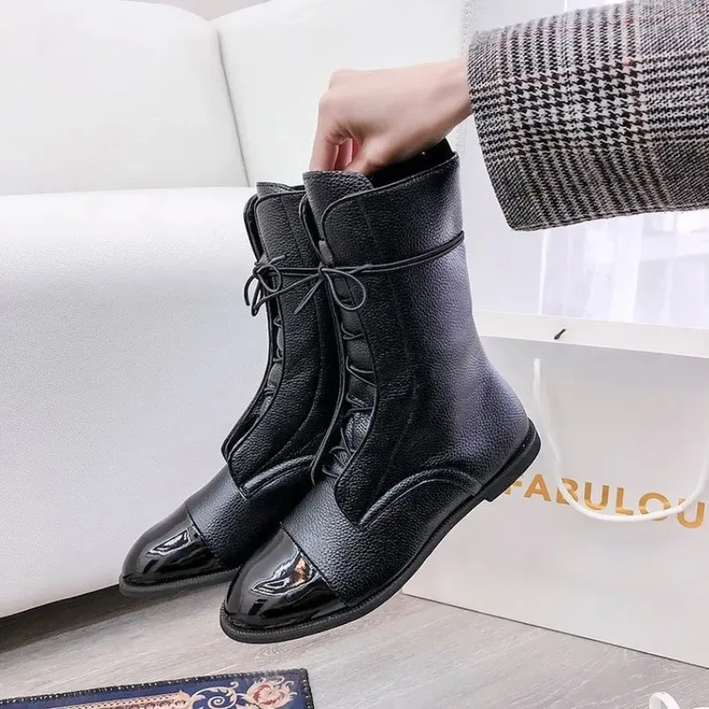 

High Quality Women Boots Solid Color Leather Lace Up French Temperament Women Boots Anti-Slip Wear-Resistant Comfortable Booties
