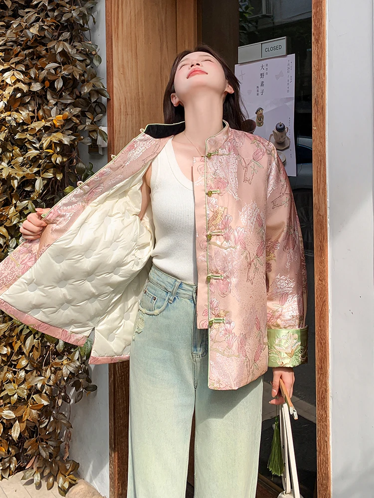 2025 New Chinese Style Retro Pan Button Pink Coat Women Clothing Early Spring New Fashion Loose Casual Cardigan Outerwear Wh70