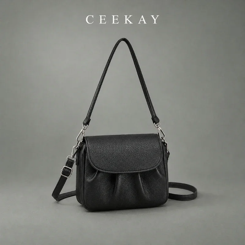 CEEKAY Pebbled Leather Flap Bag Ruched Detail Adjustable Strap All-Match Daily Wear Compact Elegant Chic Classic for Women