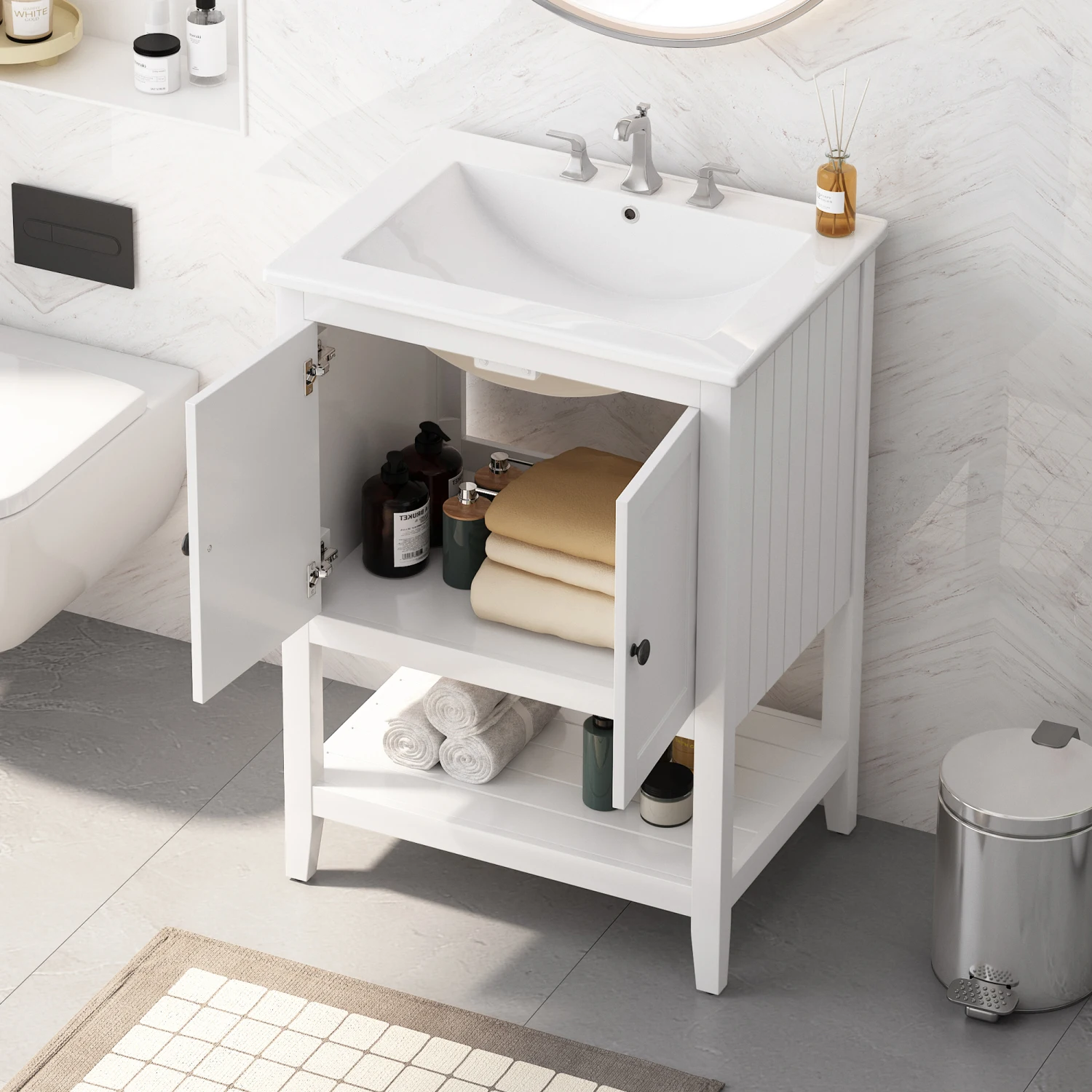 

24" White Modern Bathroom Vanity with Elegant Ceramic Sink and Solid Wood Frame Shelf