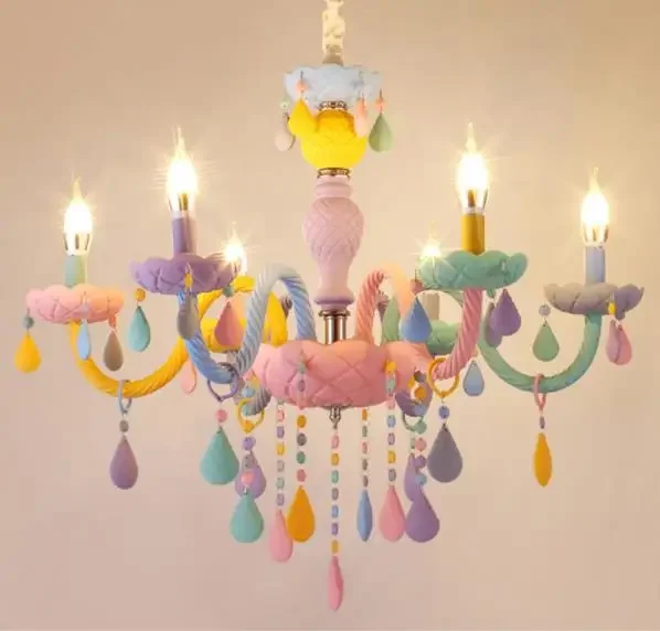 

Colorful Crystal Chandelier Macaron Color Droplight Children Bedroom Lamp Creative Fantasy Luminaire Stained Glass Lustre