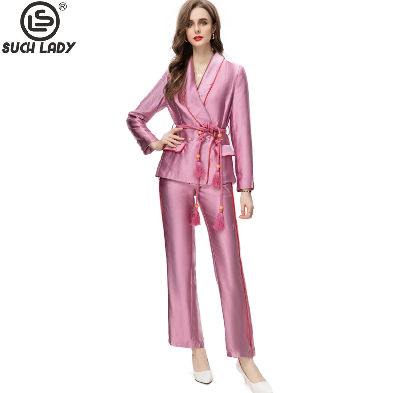 

Women's Three Piece Pants Sets Turn Down Collar Long Sleeves Piping Blazer with Binding Pant Fashion Twinset