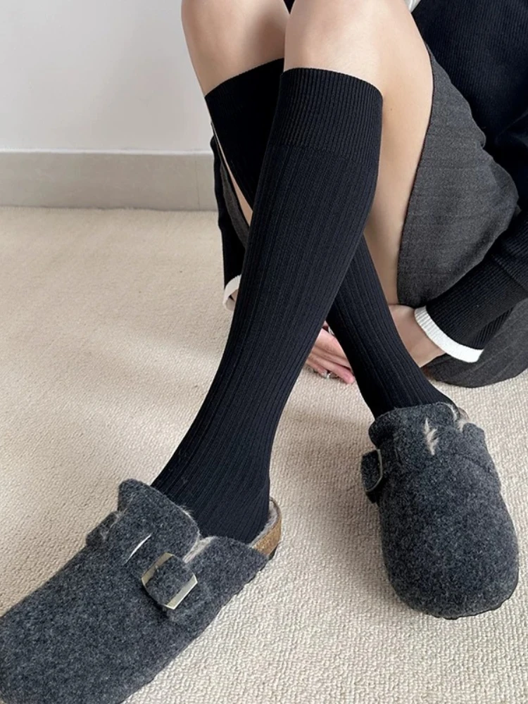 1Pair Black Knitted Knee High Socks Women Long Sock Japanese Fashion JK College Style Casual Ladies Solid Color Simple Calf Sock