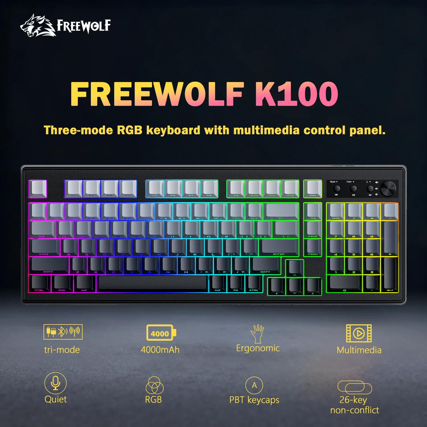 

FREEWOLF K100 Tri-Mode Wireless Gaming Keyboard 99 Keys RGB Backlit PBT Keycaps Large Battery Quiet Ergonomic With Knob