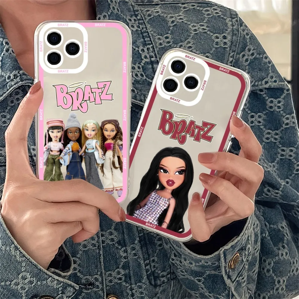 b-bratz فتاة الجمال دمية جراب هاتف جراب هاتف آيفون 11 12 Mini 13 14 15 Pro Max شفافة قذيفة