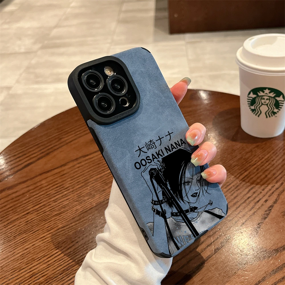 luxury Cool Black Oosaki Nana Suede Soft leather Case protection for iPhone 17 16 15 14 13 12 11 Pro Max XS XR X anime Coque