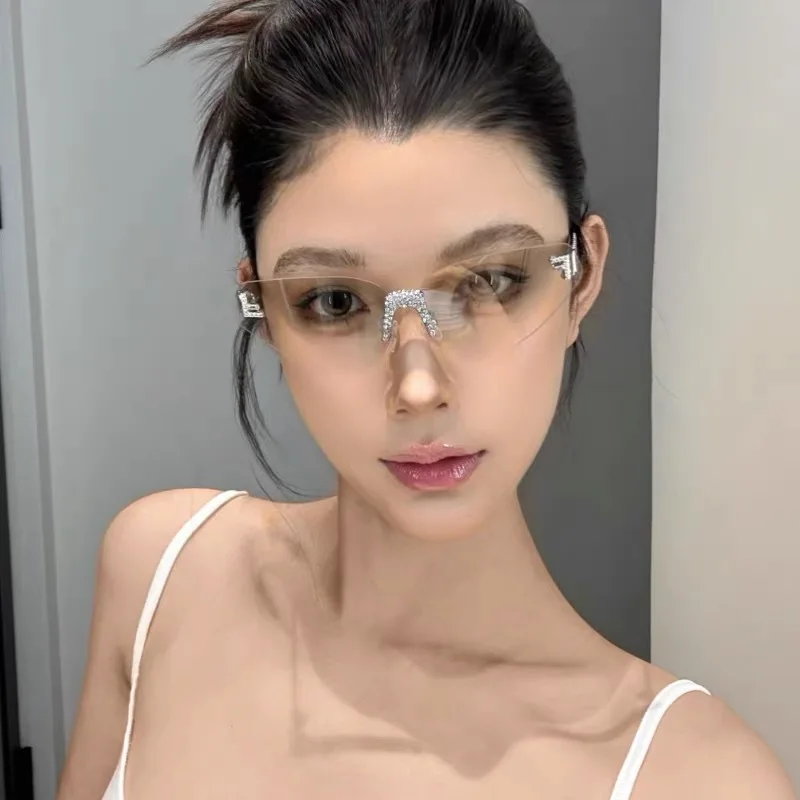 Women's Sexy Cat Eye Rimless Rhinestone Sunglasses Luxury Brand Designer Retro Punk Metal  UV400 Driving Glasses