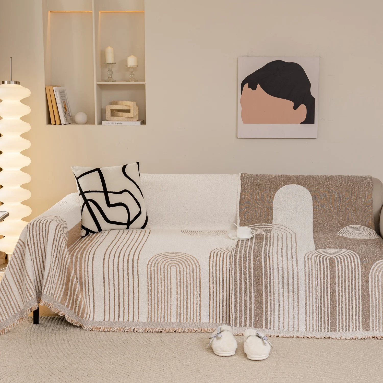 Thicken Creamy Arches Geometric Lines Jacquard Plush Sofa Towel With Tassels, Multi-functional Cozy Blanket for Autumn/Winter