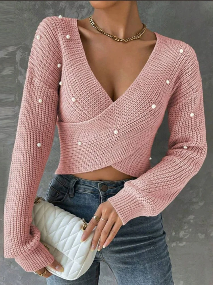 

Fall Pearls Knitted Sweaters Women Long Sleeve Patchwork V Neck Cropped Jumpers American Elegant Casual Solid Pullovers Tops