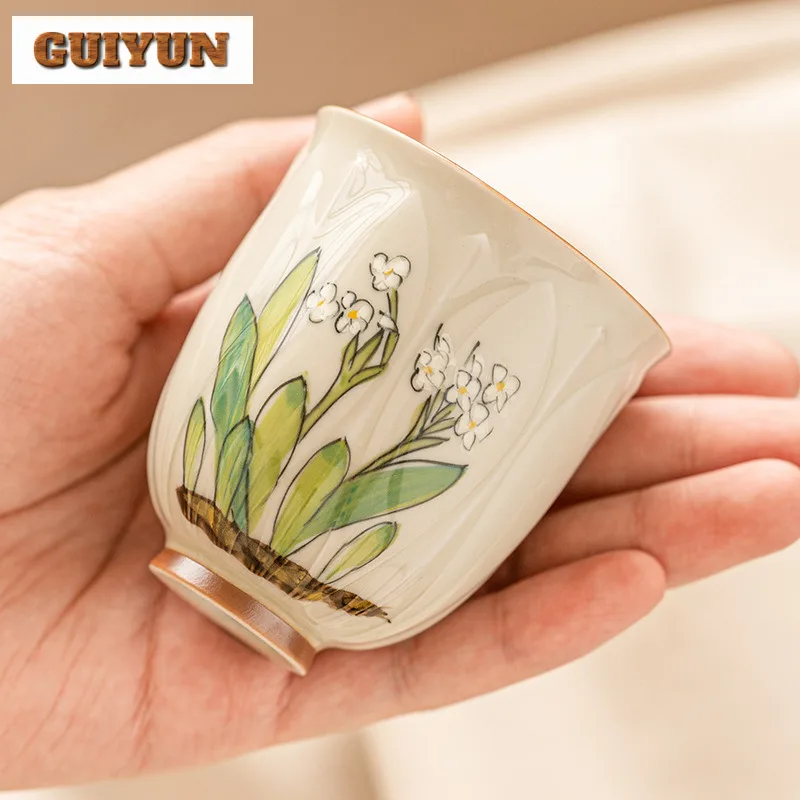 60ml Hand Drawn Narcissus Ceramic Tea Cup Relief  Petal Master Single Cup Aesthetic Tasting Tea Mug Kung Fu Teaset Drinkware