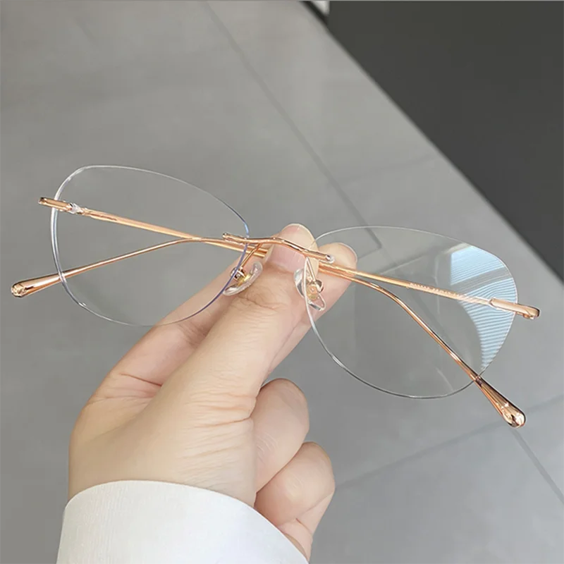 

Metal Rimless Glasses Frame Women Prescription Anti-blue light Myopia Optical Cat Eyes Eyewear 0 -0.5 -1.0 -1.5 To -5.0