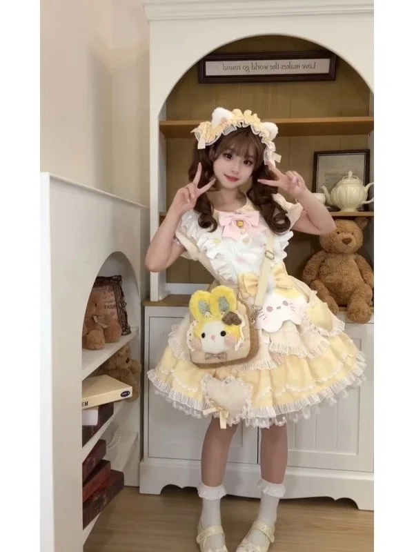 Sweet Lolita gele taartrok Princ Sle Dr met strik taille Cinching Flng Sve schort set ort Sve Summer Dr