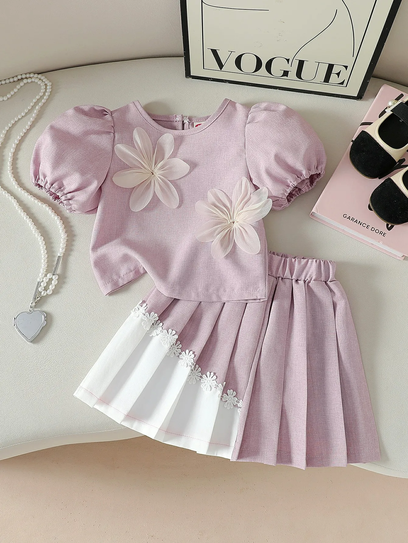 2026 Autumn Girls Elegant 2Pcs Outfit Floral Solid Puff Sleeve Top, A-line Pleated Skirt Matching Suit  for 4-7Y