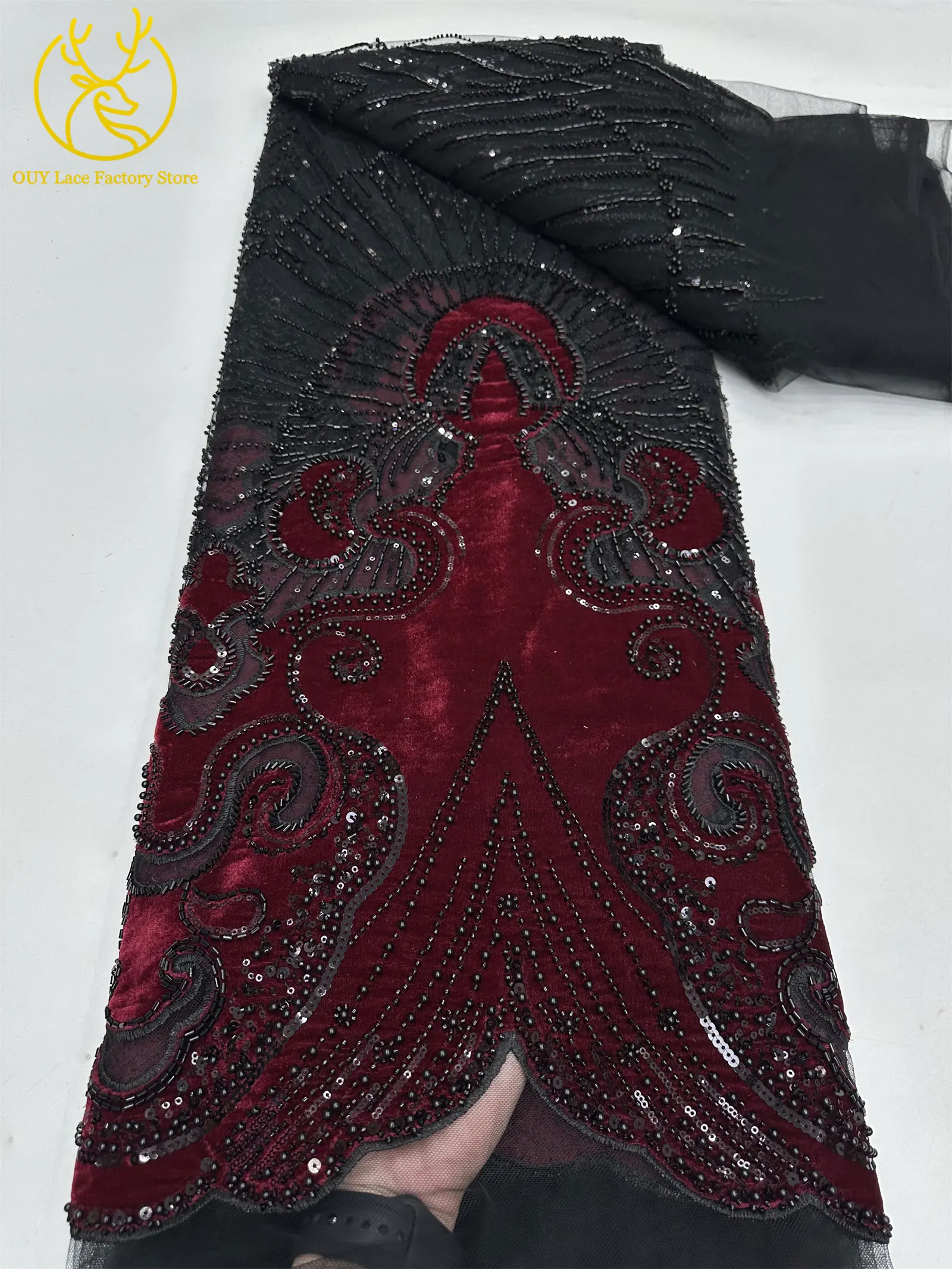 Luxuriöser afrikanischer Samtstoff mit goldenen Perlen und Pailletten, 5 Yards, weinrot, bestickter französischer Tüll für Damen-Partykleider – Detail 12