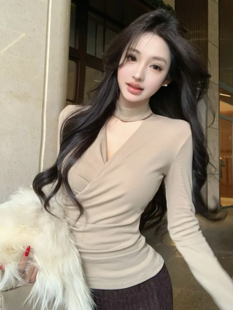 Sexy Hollow out V-Neck T-Shirt Women Winter Half High Collar Base Shirt Waist Inward Tight Long Sleeve Top Skin-friendly Brea...