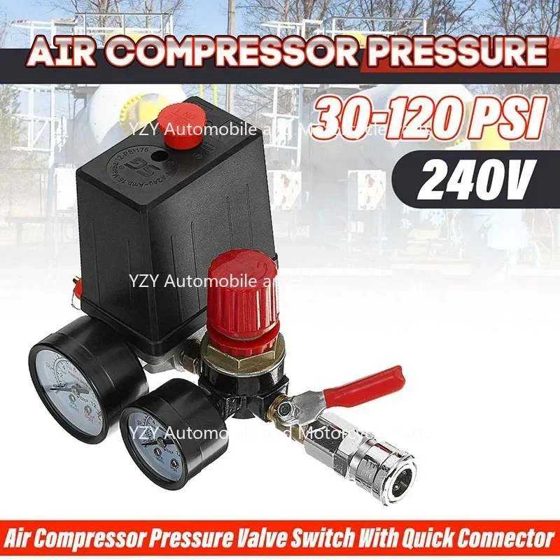 Small Air Compressor Pressure Switch Control Valve Regulator With Gauges Fittings Pneumatic Accessories Quick Response 240V view 6
