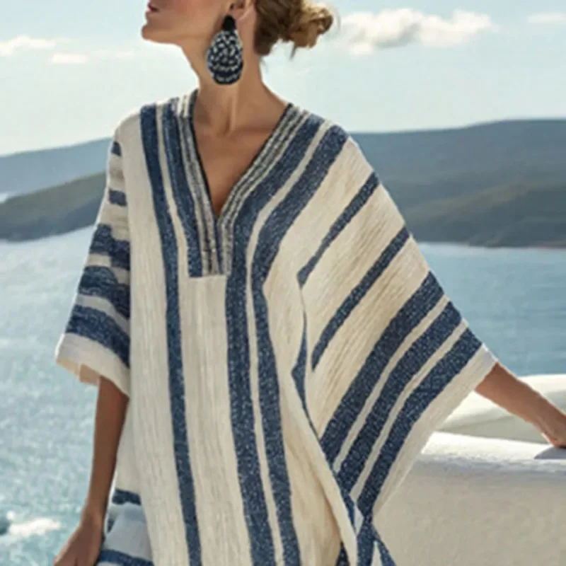 Summer Loose Batwing Sleeve Boho Dress Vestidos Casual Retro Ethnic Beach Style Dress Elegant Striped Print V Neck Holiday Dress