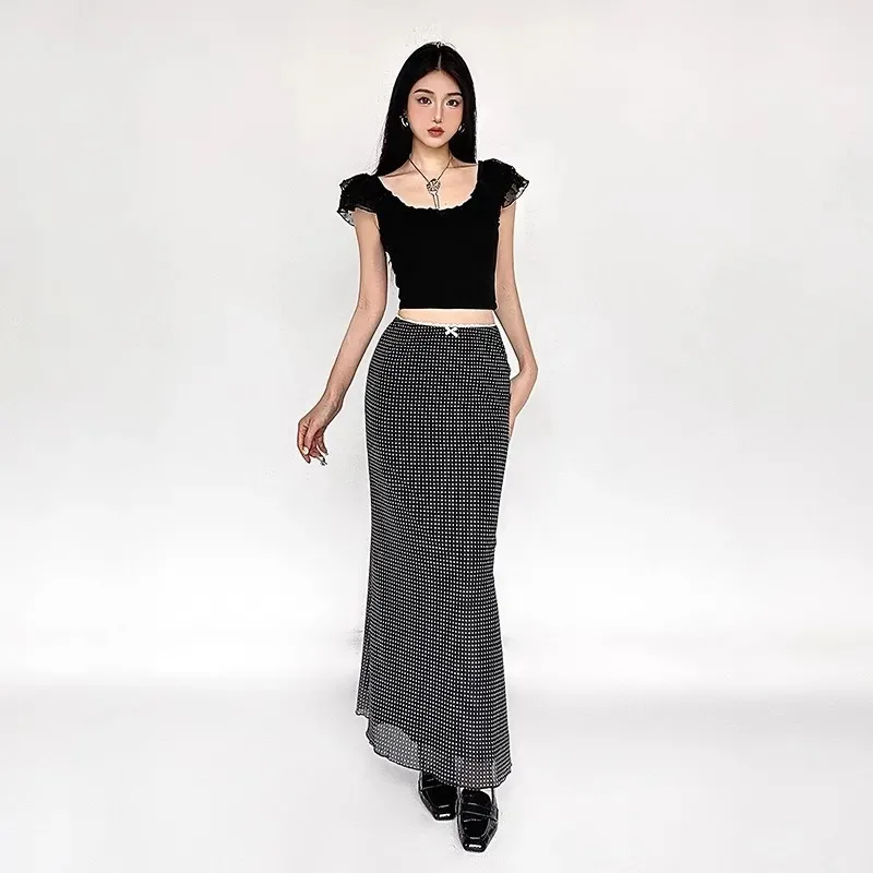 Women's Black Ruffle Trim Crop Top Swiss Dot Mesh Cap Sleeve  Neck Fitted Slim Fit Y2K Coquette Top - view 6