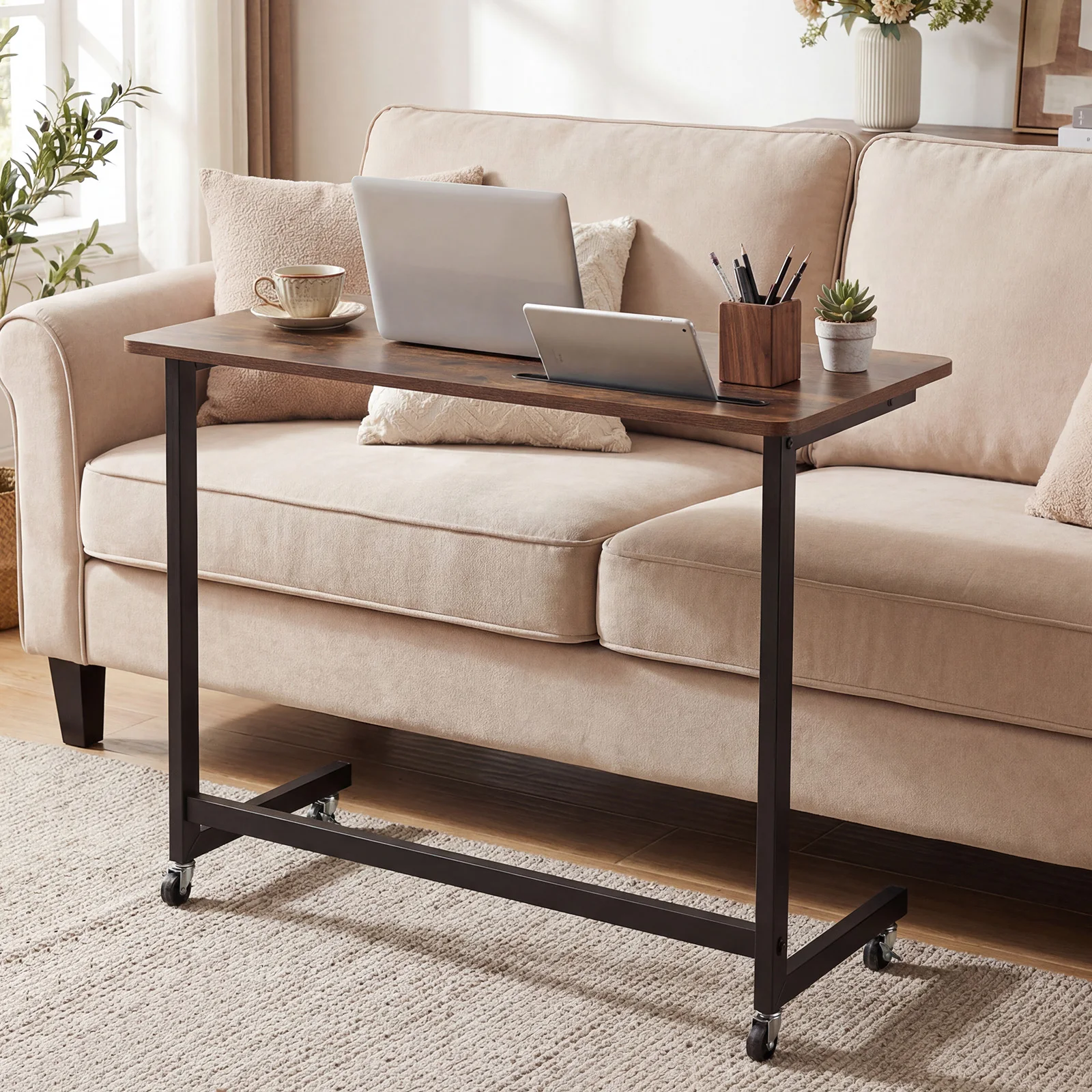 C-Shaped Rolling Side Table with Wheels & Tablet Slot, Metal Frame, Rustic Brown