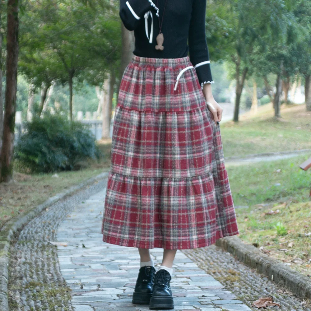 

TIYIHAILEY-Women's Long Mid-Calf Woolen Skirt With Pockets, Elastic High Waist, Ladies Skirts Plaid,Winter Thick A-line 2024