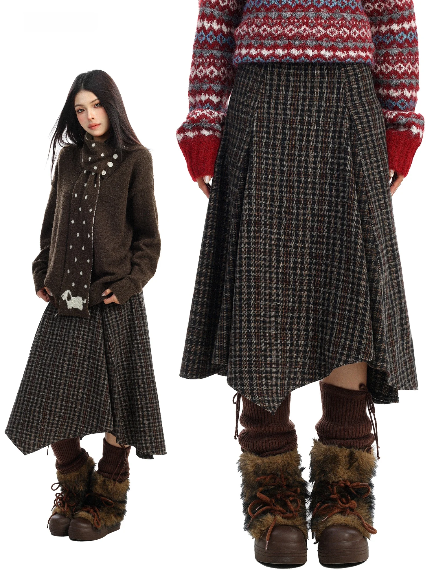 

Юбка-миди трапециевидной формы с высокой талией в стиле ретро, женская свободная утягивающая клетчатая юбка, корейская повседневная уличная весенне-осенняя юбка