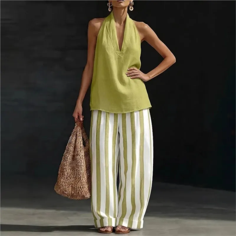 

Summer Casual Chic Sleeveless Loose Two Piece Sets Women New V-Neck Hanging Neck Top + Striped Wide-leg Pants 2piece Set
