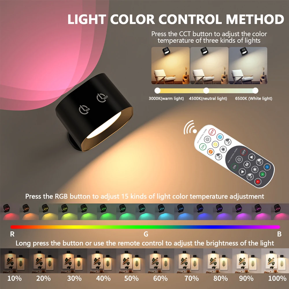 Luces LED de pared con control remoto, recargable por USB candelabro de pared, RGB regulable, 3 colores de temperatura, lámpara de pared inalámbrica magnética para habitación