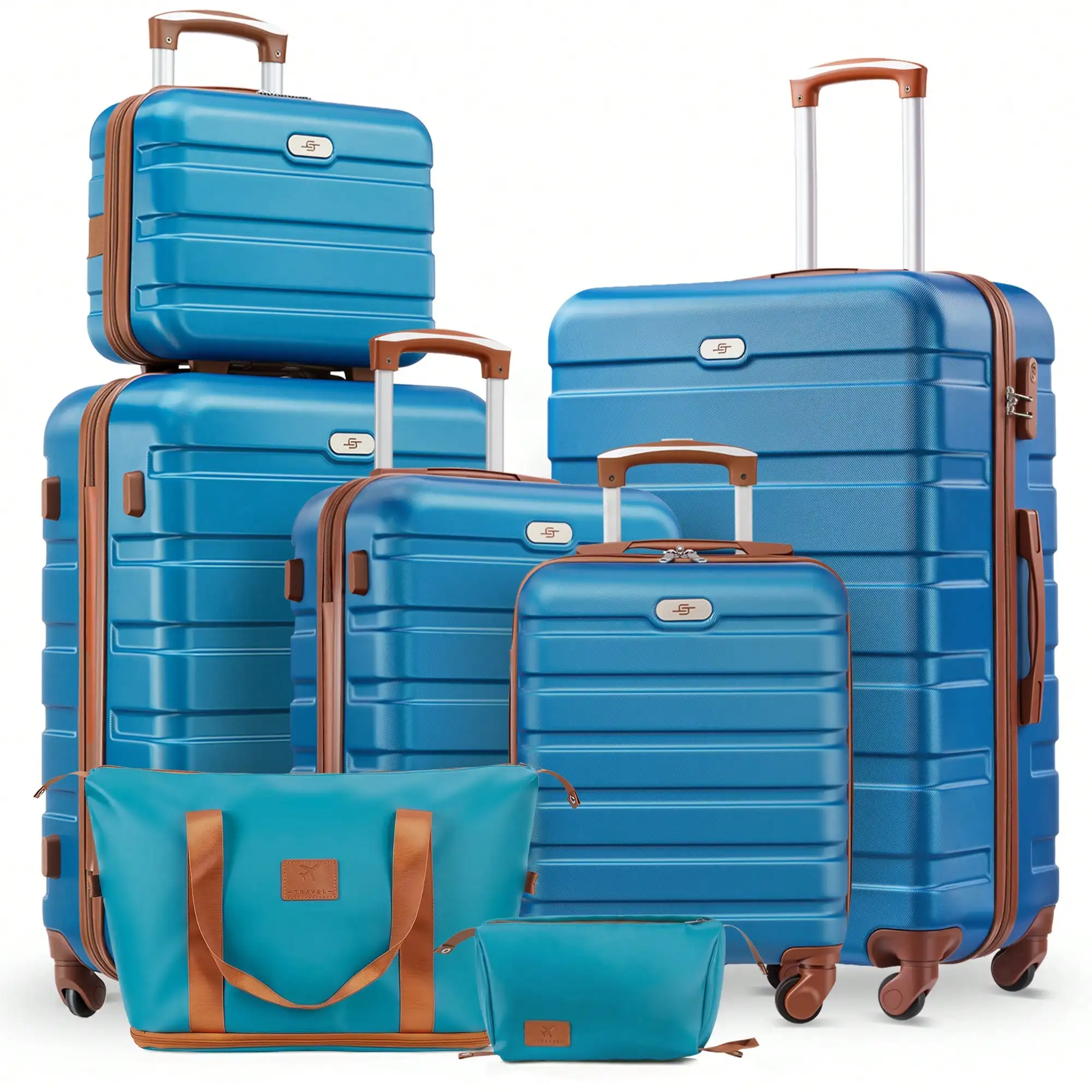Large Capacity ABS Hardside Luggage Set, 16/20/24/28 Inch Spinner Suitcases + 2 Travel Bags + 1 Cosmetic Case, 7-Piece Set For Holiday Travel