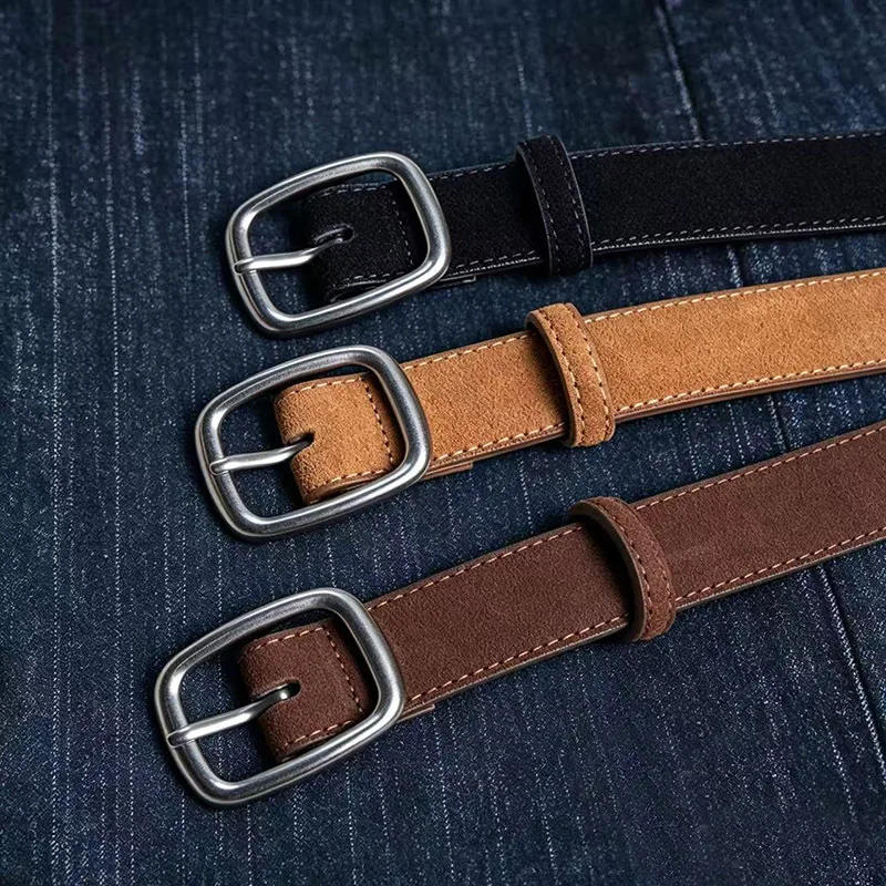 Autumn Winter Women's Suede Cowhide Belt – Matte Minimalist Square Buckle Genuine Leather, Black/Coffee/Camel, Jeans Accessory