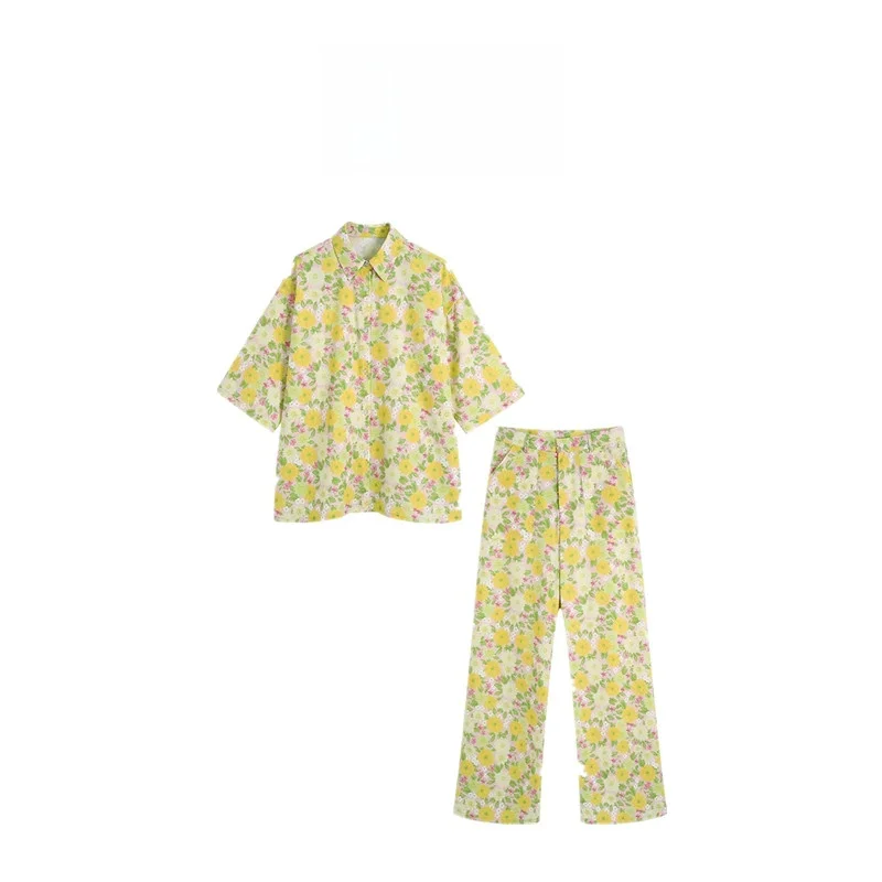 Summer New Women's Faion Set ort Sve Printed irt + High Waist Printed Pants Turn-down Collar Cotton Blend Ensemble
