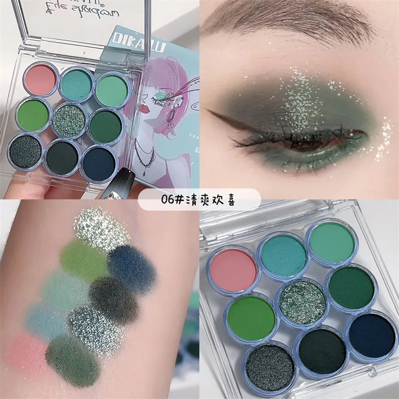 9 Color Eyeshadow Palette Blue Green Olive Matte Shimmer Micro Glitter Retro Fresh Natural for Beginner Women
