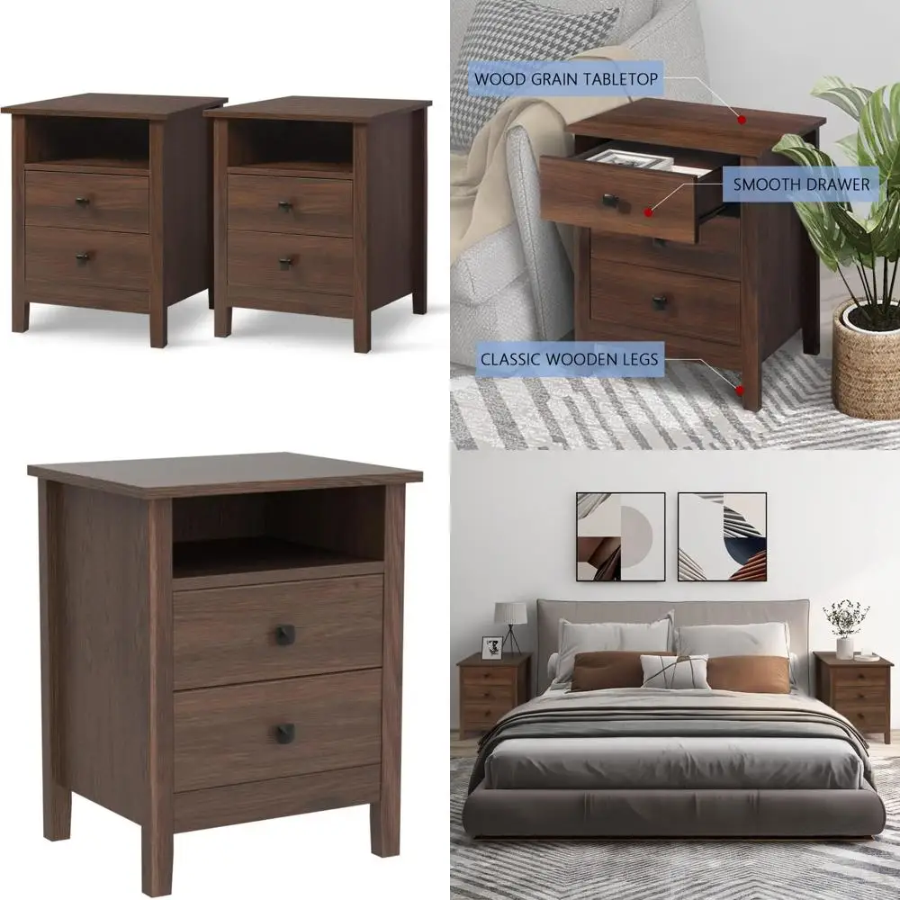 Two-Drawer Wooden Nightstands for Bedroom - Brown Bedside Table Set with Storage
