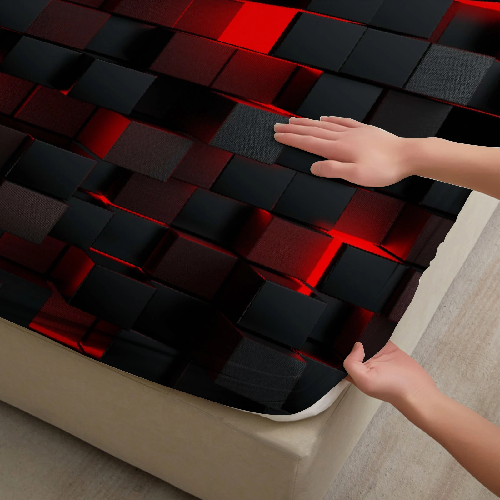 1 Piece 3D Red Black Pixel Grid Fitted Sheet Modern Tech Inspired Bedding Soft Breathable Microfiber Mattress Cover For Bedroom