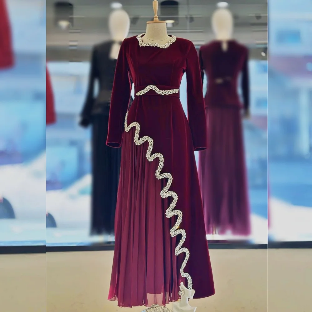 

Customized Evening Dress For Woman With Long Sleeves O Neck Floor Length Rhinestone A Line Elegant Suadi Prom Party Gown